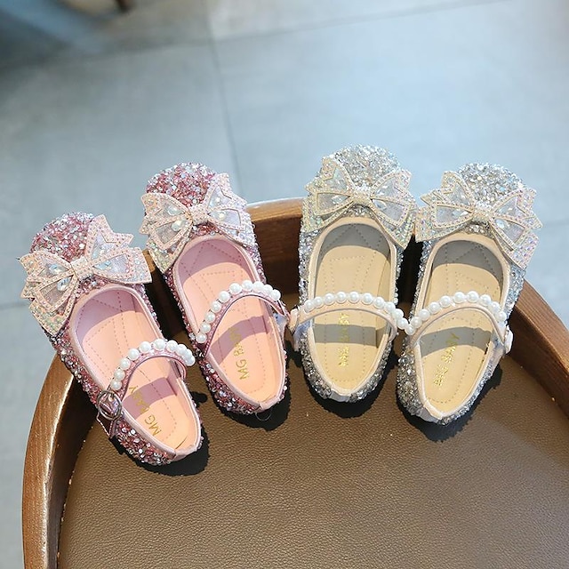  Girls' Flats Daily Glitters Dress Shoes Lolita PU Breathability Non-slipping Princess Shoes Big Kids(7years +) Little Kids(4-7ys) Wedding Party Daily Walking Shoes Dancing Bowknot Pearl Buckle Silver