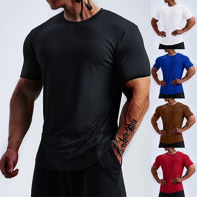 Men's Workout Shirt Running Shirt Ribbed Short Sleeve Tee Tshirt