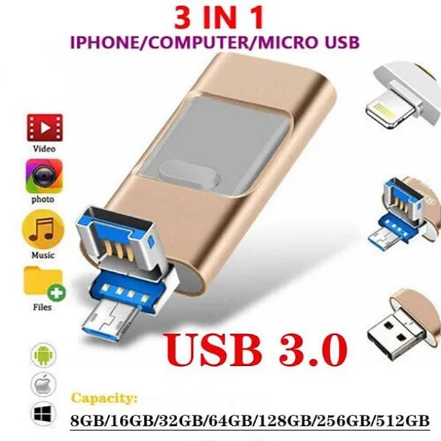 OTG USB Flash Drive for IPhone IPad IPod Mobile USB Flash Disk USB Stick Flash Pen Drive 256GB 128G 64GB 32GB 16GB 8GB 512GB External Flash Drive for IPhone/iOS/iPad/Android/Tablet
