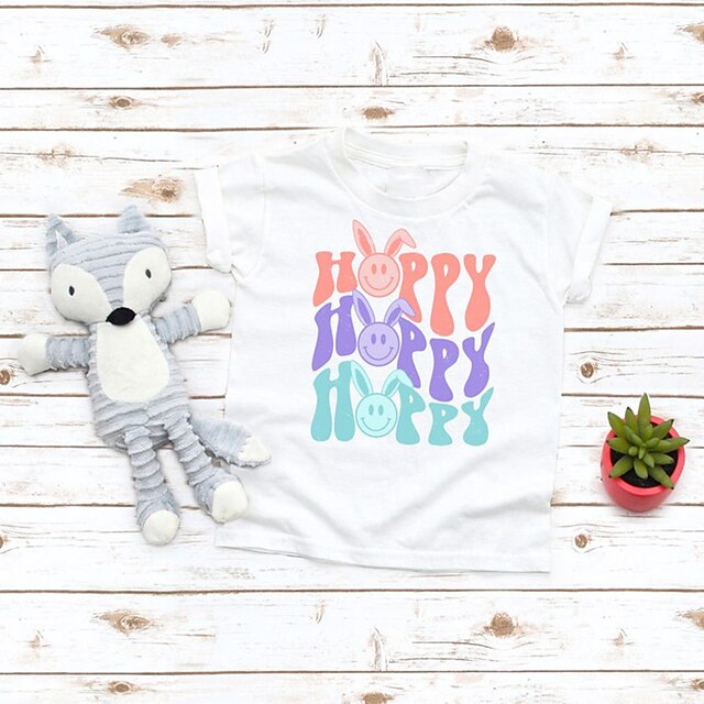  Kids Boys Easter T shirt Tee Letter Rabbit Short Sleeve Children Top Casual Fashion Daily Summer White 2-12 Years