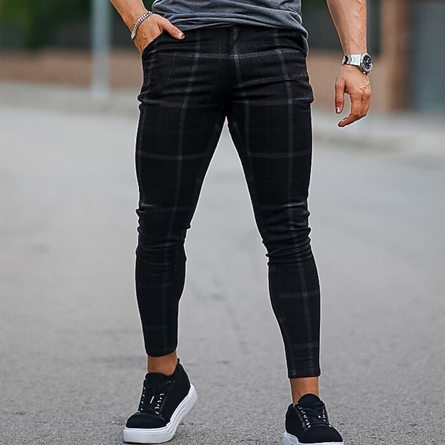  Men's Skinny Trousers Chinos Chino Pants Plaid Dress Pants Pocket Lattice Comfort Breathable Outdoor Daily Going out Fashion Streetwear Dark Gray