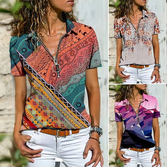 Women‘s Blouse T shirt Zipper Print Multi Color Tropical Shirt Collar T ...