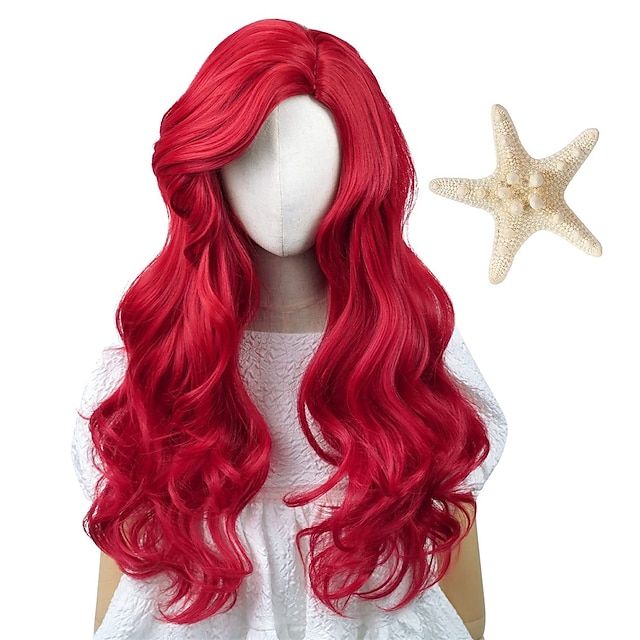  Peruca de sereia vermelha encaracolada para mulheres longo ondulado cosplay cabelo diário peruca de fibra sintética resistente ao calor para festa de natal (apenas perucas)