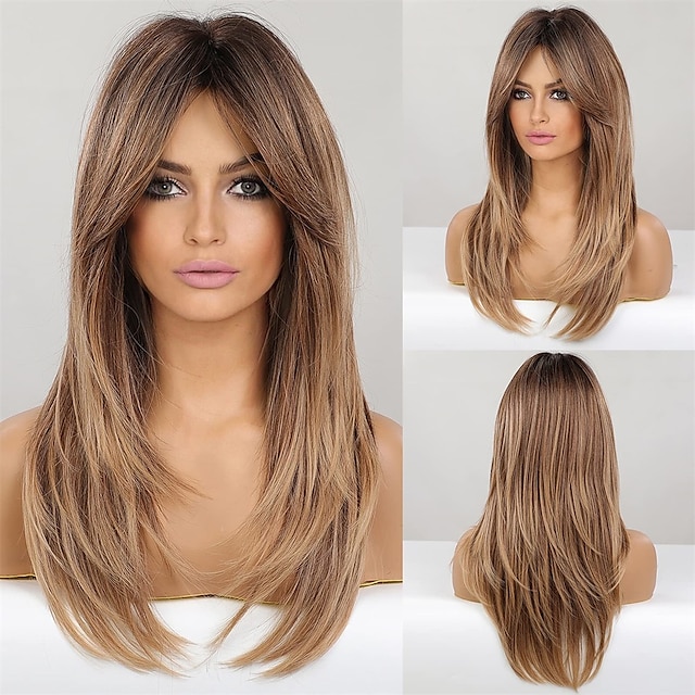  långt ombre brunt hår peruker för kvinnor lager syntetiskt lockigt hår peruk mittavsked