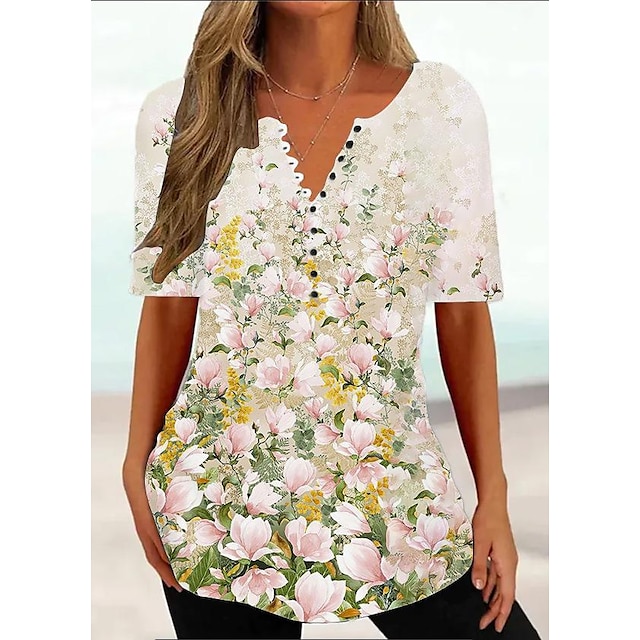  Women's T shirt Tee Yellow Blue Purple Floral Button Print Short Sleeve Holiday Weekend Basic Round Neck Regular Floral Painting S