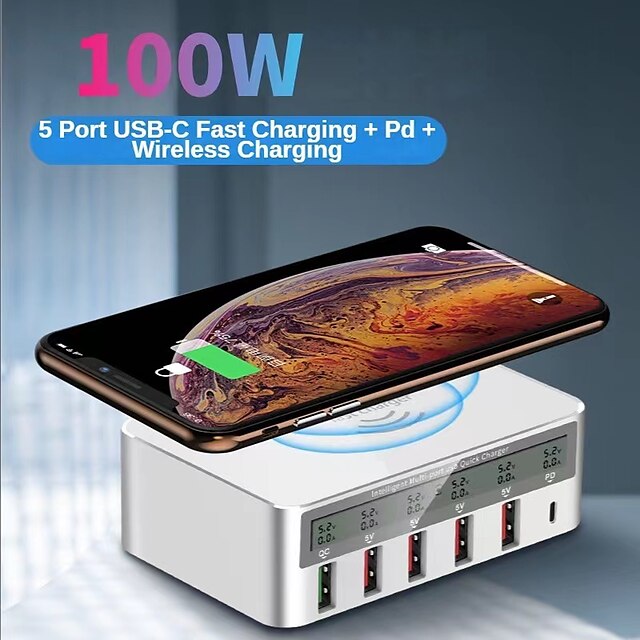  Smart Desktop Charger 100W Qc3.0 5usb PD Fast Charge Wireless Charging Multiple Mobile Phone Device Charger
