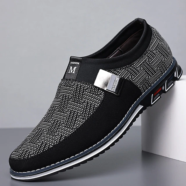 Men's Slip-On Casual Loafers – Black and Gray Patterned Breathable Shoes with Metal Buckle, Comfortable and Lightweight for Everyday Wear 27