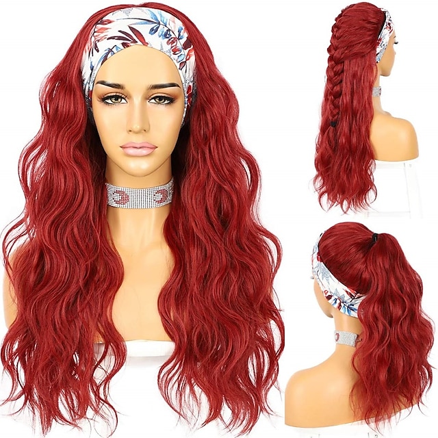  бесклеевой парик с повязкой на голову свободное тело волнистые синтетические волосы парики для чернокожих женщин волна без кружевных передних париков красный цвет парики машинного производства