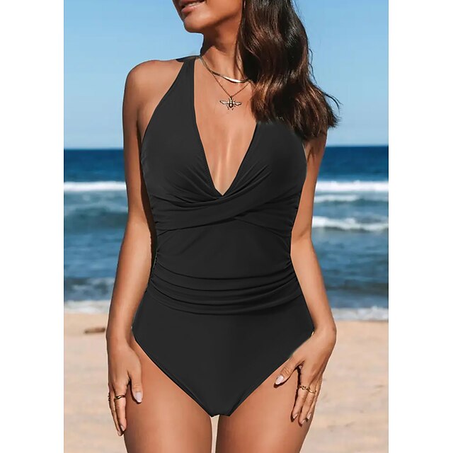  Women's Swimwear One Piece Normal Swimsuit Ruched Solid Color Black Pink Army Green Blue Orange Bodysuit Bathing Suits Sports Beach Wear Summer