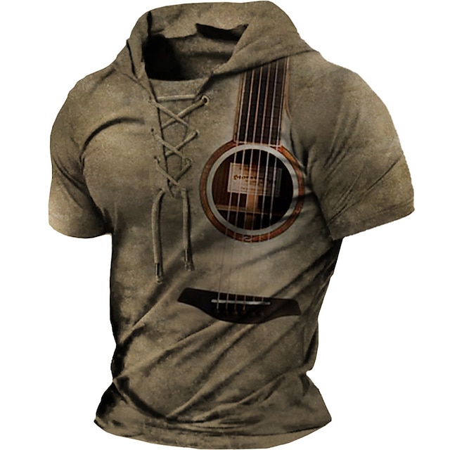  Men's Pullover Hoodie Sweatshirt Khaki Hooded Graphic Prints Guitar Musical Instrument Lace up Print Sports & Outdoor Daily Holiday 3D Print Designer Casual Athletic Spring & Summer Clothing Apparel