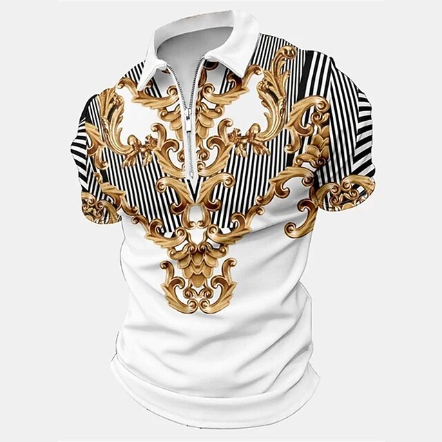 Men's Baroque Zip Polo Shirts Golf Shirt Short Sleeve Polo Shirts Collared Shirts Vintage Casual Vacation Wear Party Outfits 3D Print Quarter Zip Polo Black White Yellow4