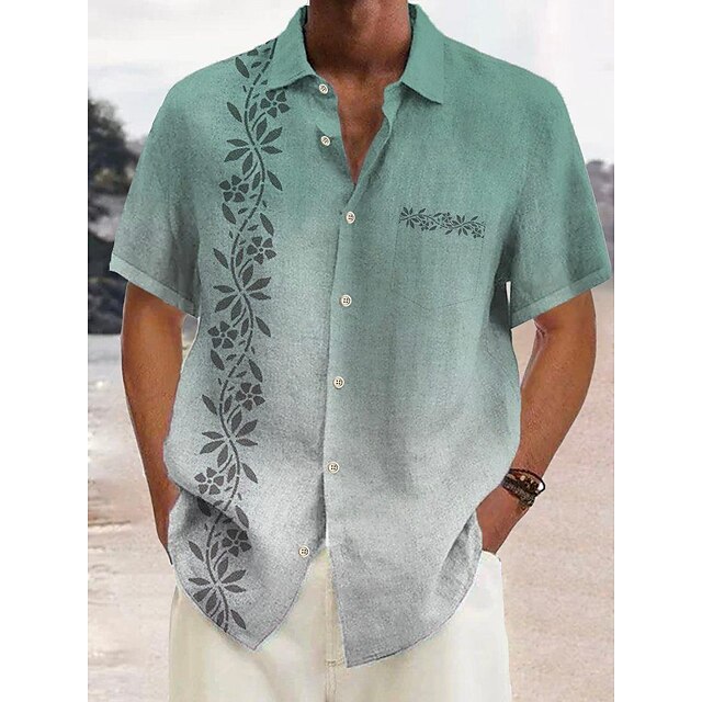  Men's Shirt Summer Hawaiian Shirt Gradient Graphic Prints Leaves Turndown Green Outdoor Street Short Sleeves Button-Down Print Clothing Apparel Linen Tropical Fashion Hawaiian Designer