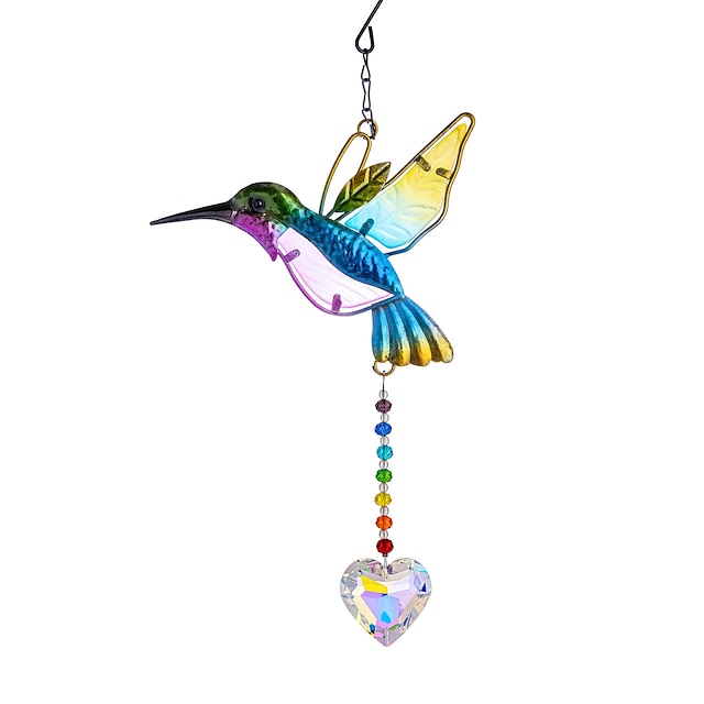  farvet glas fugl solfanger med krystal til vindue, hængende prisme til havedekoration, glas kolibri ornament ophæng, sollys refleksion regnbue maker, håndlavede perle sæt gave til voksne