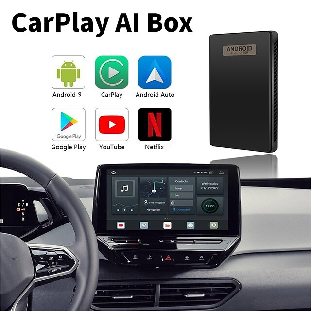  plc-s21 carplay ai-box för fabriksanslutna carplay-bilar android 9.0 trådlös carplay android auto inbyggd gps 4+64g delad skärm