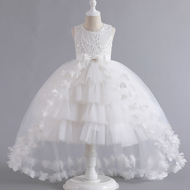  Infantil Para Meninas Vestido de daminha de honra Vestido de festa Côr Sólida Sem Manga Formal Espetáculo Casamento Com Transparência Elegante Princesa Lindo Poliéster Longo Vestido de festa Vestido