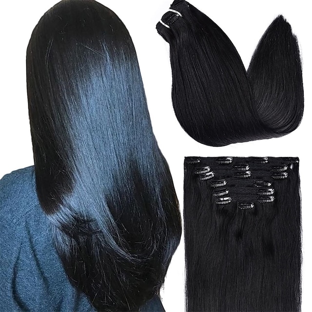 Clip In Hair Extensions Real Human Hair Soft And Natural Jet Black Remy Seamless Clip Ins 120g 