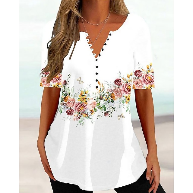  Women's T shirt Tee Black White Blue Graphic Floral Button Print Short Sleeve Casual Basic Round Neck Regular Floral S