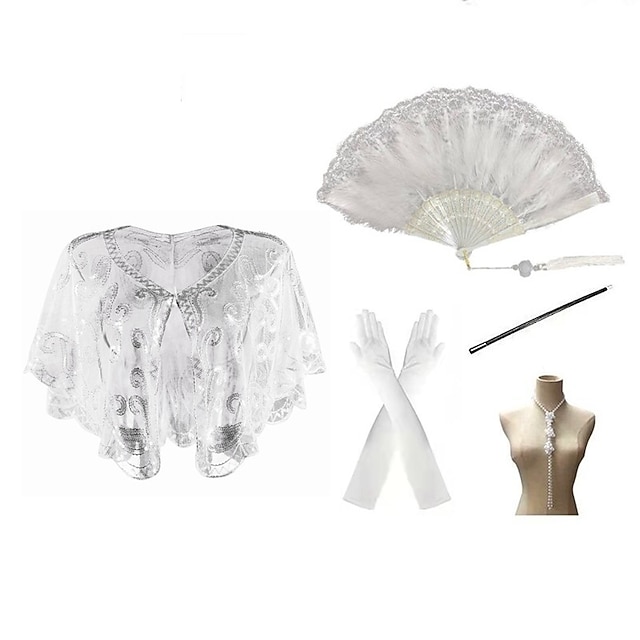  5-teiliges Damen-Accessoires-Set 1920er Jahre The Great Gatsby Paillettenschals Umhang Federfächer Handschuhe Perlenaccessoires Zigarettenstiel