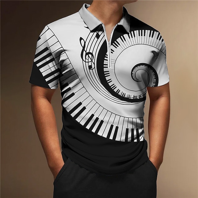  Men's Polo Shirt Zip Polo Golf Shirt Graphic Prints Music Notes Pano Keys Turndown Black White Outdoor Street Short Sleeves Print Zipper Clothing Apparel Fashion Designer Casual Breathable