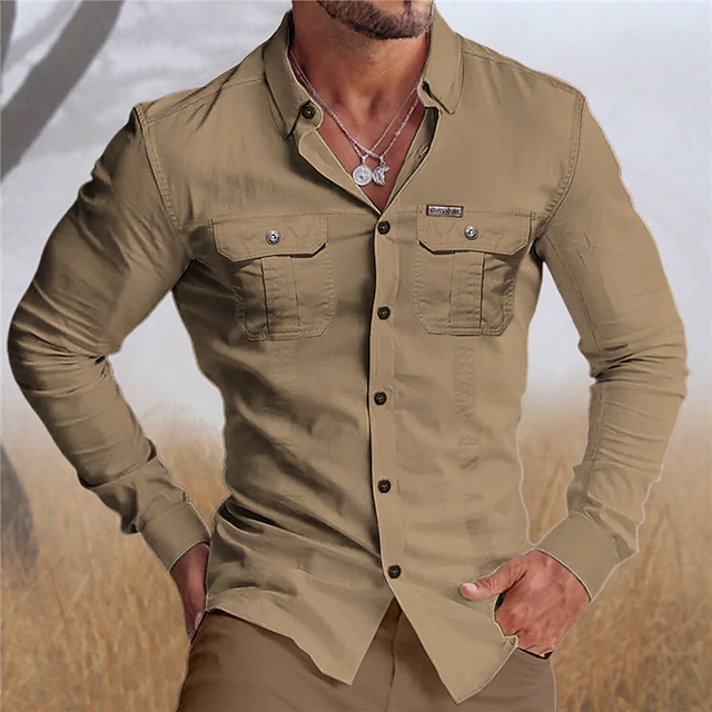 Men's Shirt Workwear Shirts Casual Shirt Work Shirt Button Up Shirt Cargo Shirt White Navy Blue Green khaki Long Sleeve Graphic Prints Turndown Vacation Street Print Clothing Apparel Cotton Cotton 7