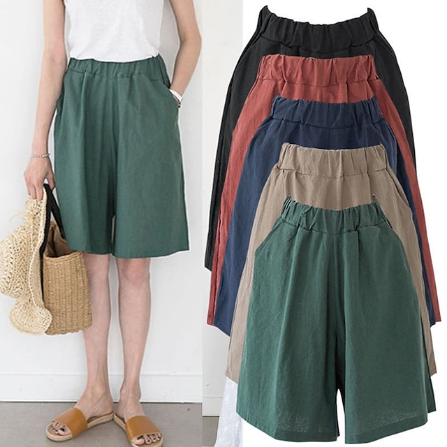 Mujer Pantalones cortos de lino y algodón Perneras anchas Pantalón corto Moda Longitud de la rodilla Color sólido Bolsillos laterales Perneras anchas Comodidad Rígido Casual Diario Negro Rojo Azul