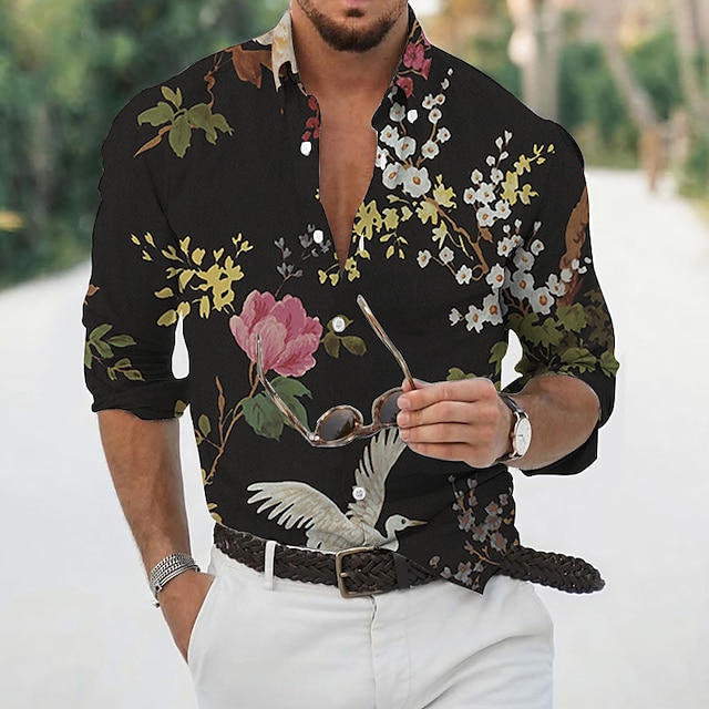  Herr Blommig Skjorta Långärmad Sport Mode Streetwear Utomhus Ledigt Dagligen Höst vinter Nedvikt Mönster Button-Down Svart Vit Rodnande Rosa Mörkgrön Beige