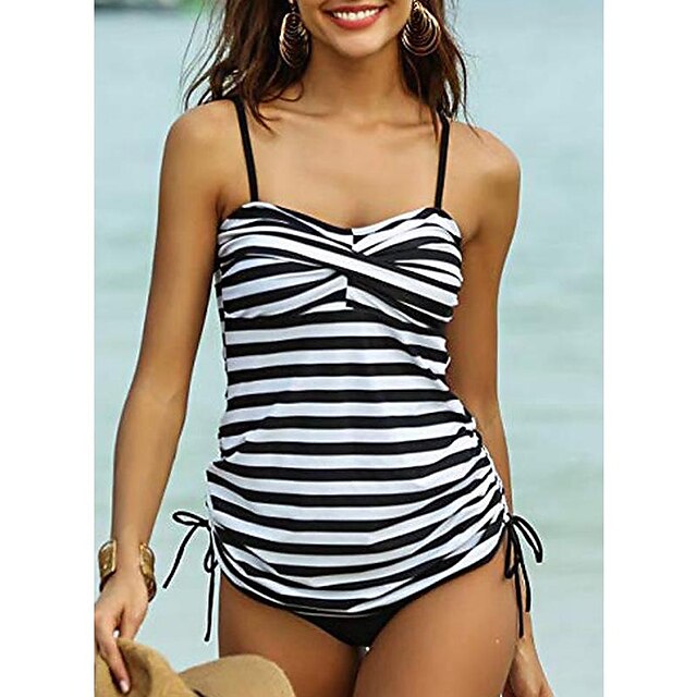  Women's Swimwear Tankini 2 Piece Normal Swimsuit 2 Piece Printing Striped Black Tank Top Bathing Suits Sports Beach Wear Summer