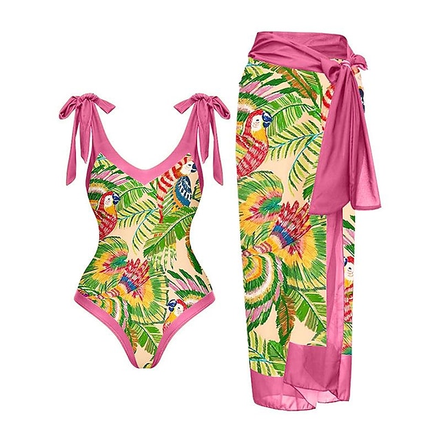  2 pcs Plavky Přehozy Retro 80. léta Dámské Květinový Polyester Světlá růžová Sukně Jednodílné plavky