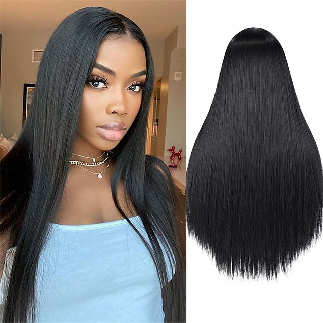 Lady Hanne Long Straight Black Wig Middle Lace Part Synthetic Black ...