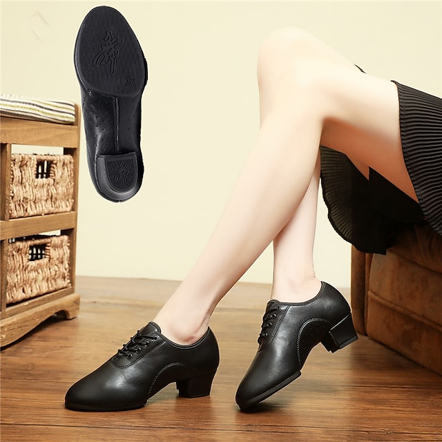  Women's Latin Shoes Modern Shoes Dance Shoes Prom Ballroom Dance Lace Up Split Sole Rubber Sole Thick Heel Closed Toe Lace-up Adults' Black