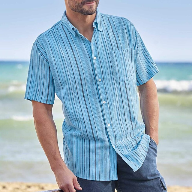  Pánské Košile Proužky Přehnutý Vodní modrá Větší velikosti Venkovní Dovolená Krátký rukáv Oblečení Moderní styl Retro