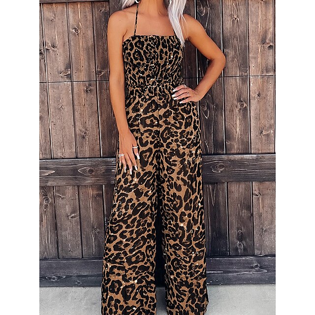 Women's Jumpsuit Backless Leopard Halter Streetwear Home Street Regular Fit Sleeveless Brown S M L Summer