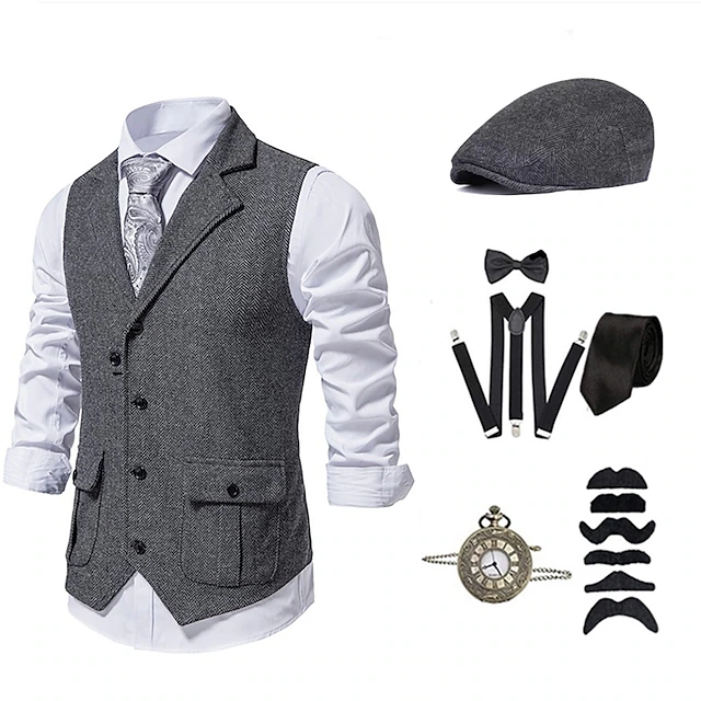 Retro Vintage 1920s Outfits Vest Waistcoat Accesories Set Beret Hat The ...