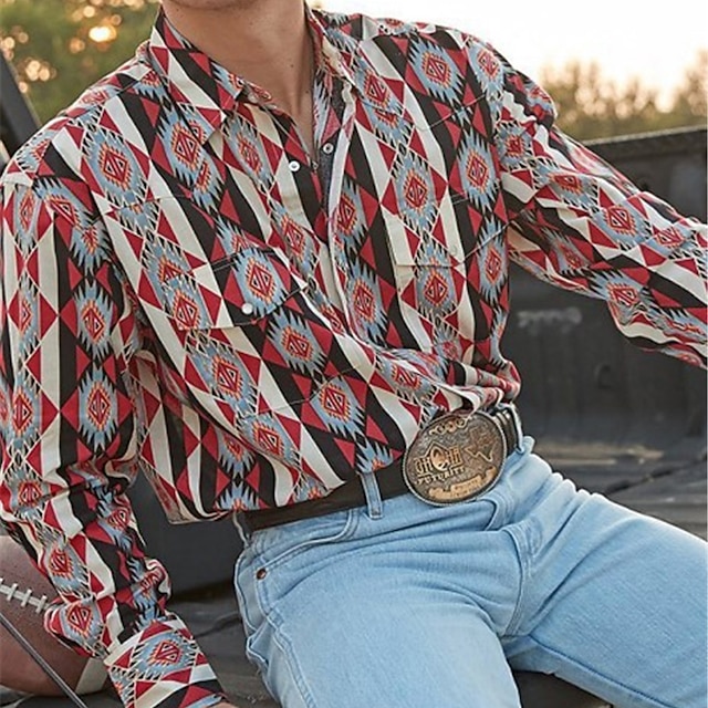  Voor heren Grafische prints Wijnoogst Geometrie Overhemd Westers overhemd Cowboyshirt Lange mouw Modieus Streetwear Ontwerper Buiten Dagelijks Herfst winter Strijkijzer Afdrukken Button-omlaag Rood