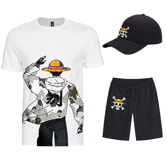  dreiteiliges bedrucktes T-Shirt Shorts Baseballmützen Kombi-Sets einteiliger Affe d. Ruffy-Grafik-Outfits& passend für lässige tägliche Laufsportarten für Männer und Erwachsene