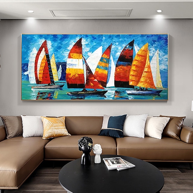  סירות ציור בד שמן נוף ים תמונת אמנות קיר ביד לסלון עיצוב הבית cuadros