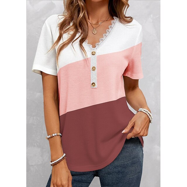  여성용 T 셔츠 블러슁 핑크 단추 레이스 트림 컬러 블럭 일상 주말 짧은 소매 V 넥 베이직 보통 S