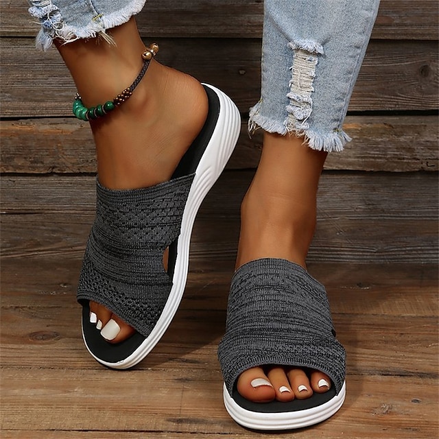  Pentru femei Sandale Papuci Mărime Plus Size Papuci de exterior Pantofi Flyknit Zilnic Interior Culoare solidă Vară Platformă Vârf deschis Casual minimalism Material elastic Loafer Negru Roz