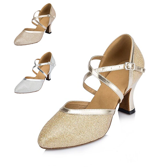 Women's Ballroom Dance Shoes Modern Shoes Performance Training Party Heel Glitter Net Thick Heel Buckle Silver Gold Beige 14