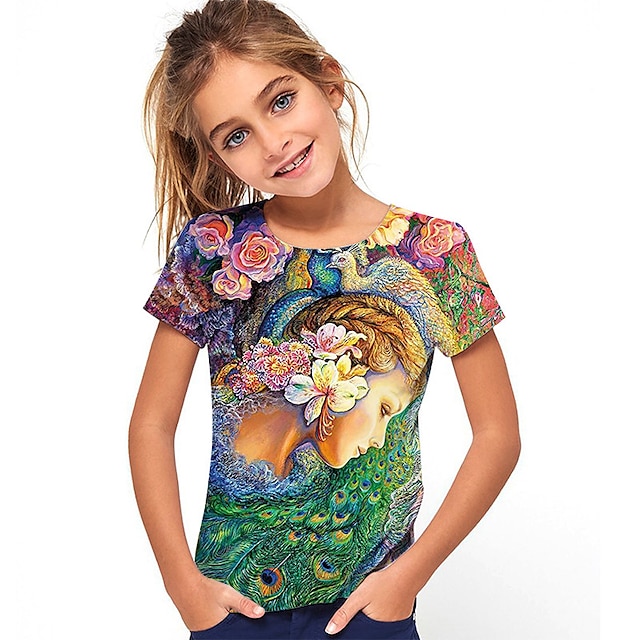  Barn Jente T skjorte Grafisk utendørs 3D-utskrift Kortermet Crewneck søt stil 7-13 år Sommer Blå Lilla Grønn