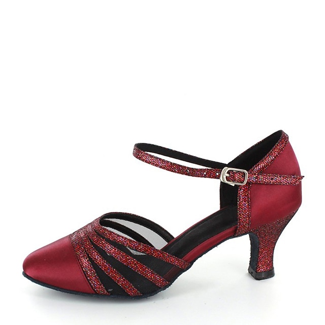  Women's Modern Shoes Indoor Practice Square Dance Heel Sequins Cuban Heel Buckle Adults' Dark Red