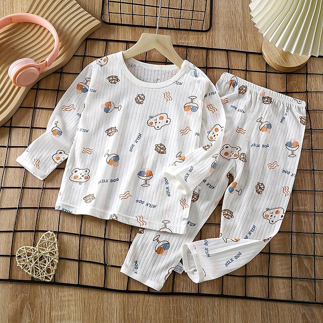  Barn Pojkar 2 delar Pyjamas set Långärmad Långärmad-Z02-mjölkhund Långärmad-Z04-Mjölktebjörn Långärmad-Z06-rymdskepp Djur Tecknat Sommar Vår Dagligen Hem 7-13 år
