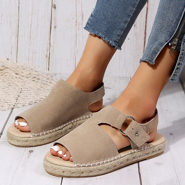  Women's Sandals Plus Size Flat Heel Peep Toe Faux Leather Buckle Solid Color Beige