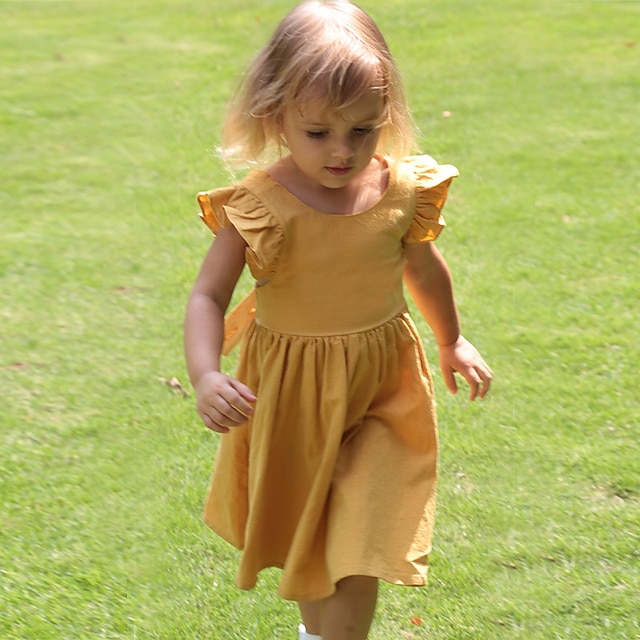  Kids Girls' Dress Solid Color Sleeveless Outdoor Active Daily Linen Knee-length Casual Dress A Line Dress Summer Spring 3-7 Years turmeric caramel colour Pink