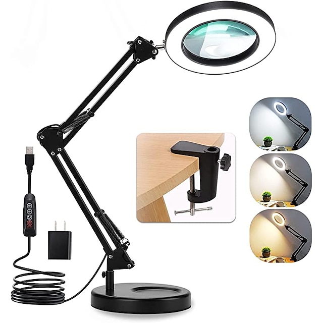  Flexible Clamp-on Table Lamp with 8x Magnifier Glass Swing Arm Dimmable Illuminated Magnifier LEDs Desk Light 3 Color Modes Lamp