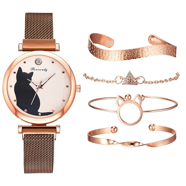  Conjunto de 5 uds de relojes de moda para mujer, conjunto de pulsera con patrón de gato, reloj de cuarzo con imán para mujer, reloj de pulsera informal para mujer, reloj femenino