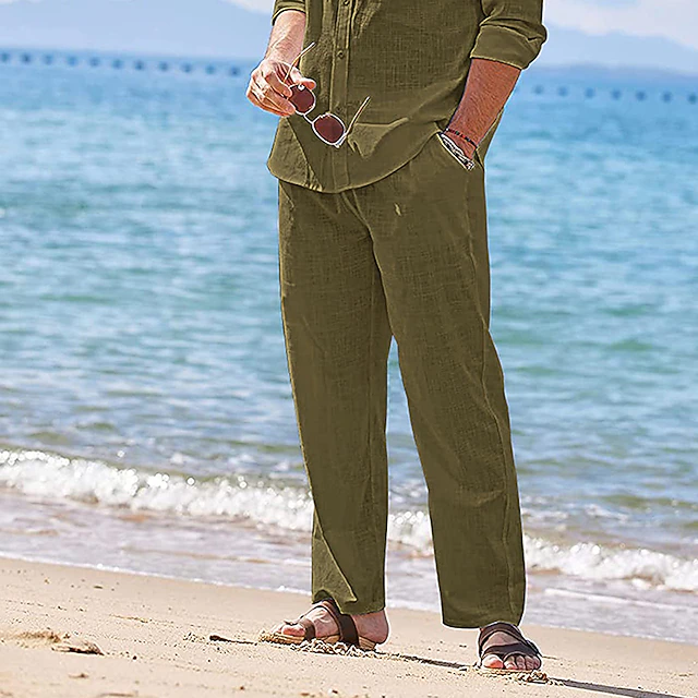 Men's Linen Pants Trousers Summer Pants Beach Pants Drawstring Elastic ...