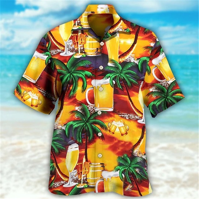  Men's Shirt Summer Hawaiian Shirt Graphic Prints Fish Music Beer Cuban Collar Light Yellow Apricot Blue red Black Yellow Casual Holiday Short Sleeve Button-Down Print Clothing Apparel Sports Fashion
