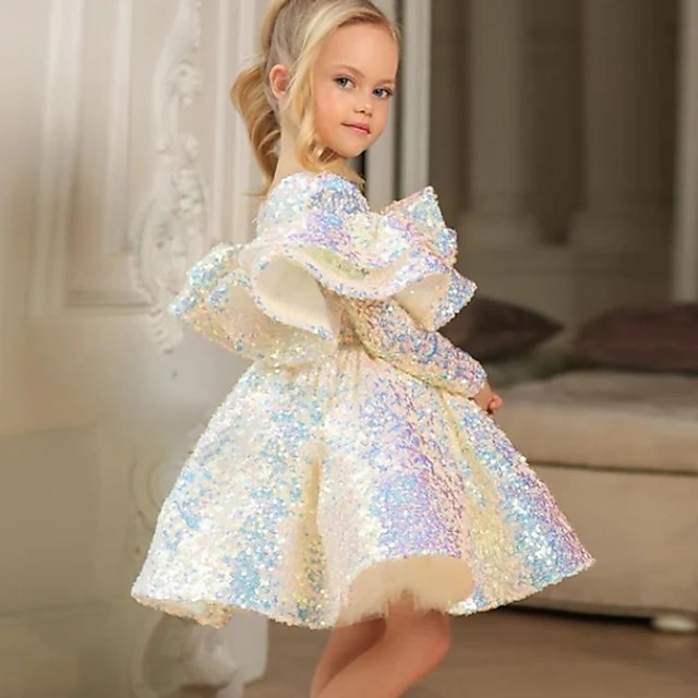  Toddler Girls' Party Dress Sequin Long Sleeve Performance Mesh Cute Princess Polyester Above Knee Sheath Dress Tulle Dress Summer Spring Fall 3-7 Years White Wine Sky Blue