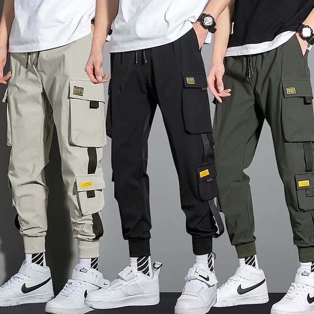  Men's Cargo Pants Cargo Trousers Joggers Trousers Cropped Pants Elastic Waist Multi Pocket Solid Color Ankle-Length Weekend Streetwear Stylish Hip-Hop Black khaki
